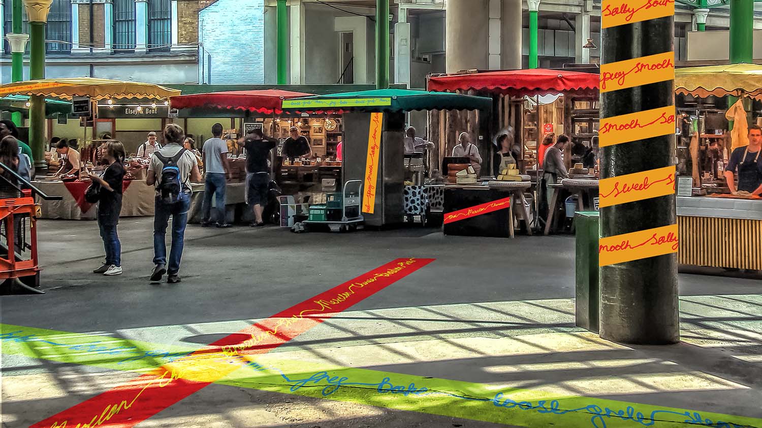 A clock in the foreground 
		with a blue sky, clouds and a sun in the background