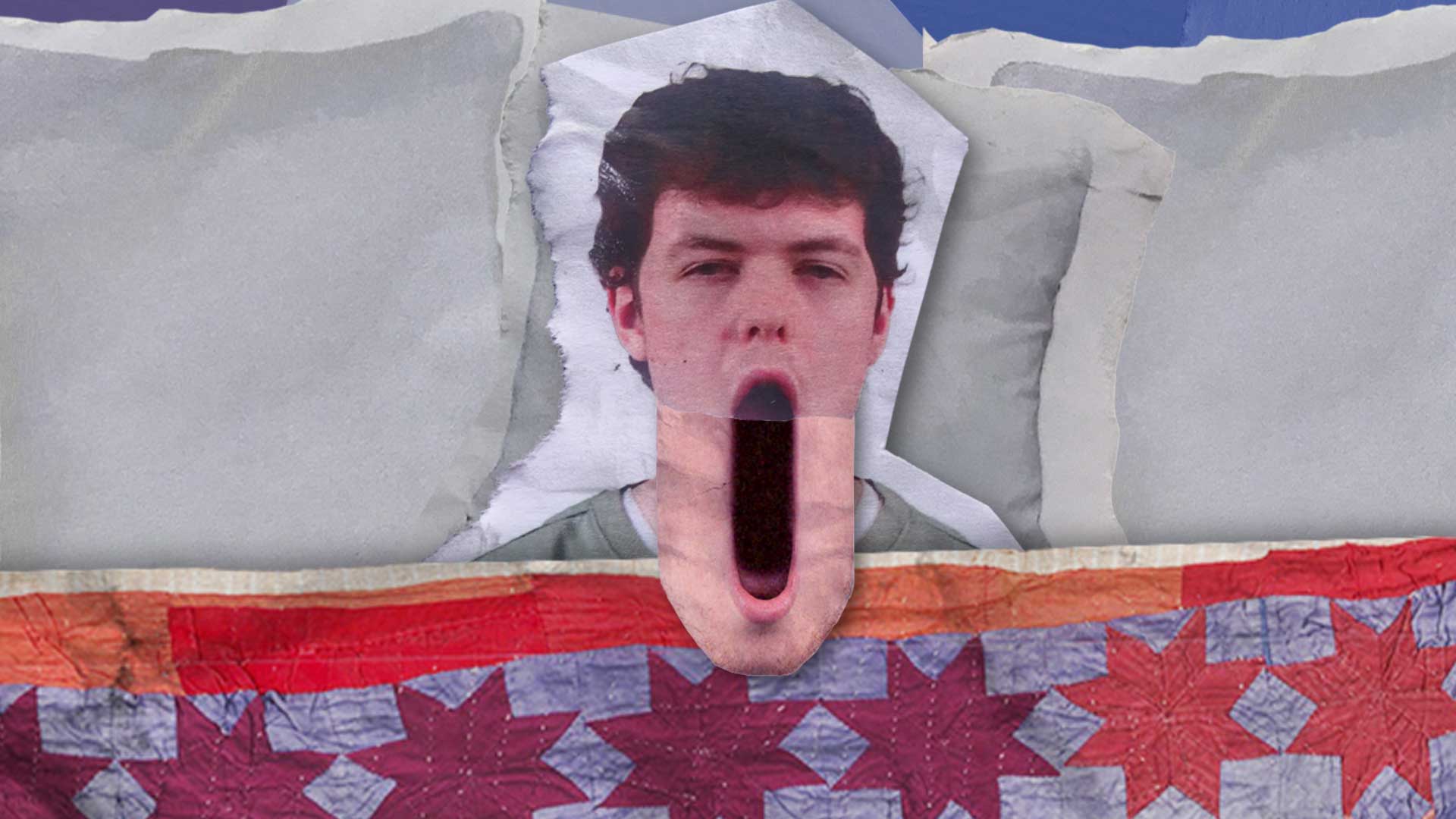 A man lying in bed on his phone in a paper cut-out style